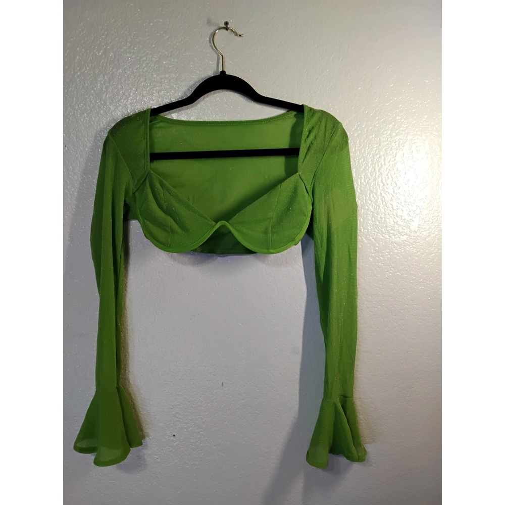SHEIN BAE Lime Green Metallic Mesh Underwire Crop Top Flared Bell Sleeve XS (60)